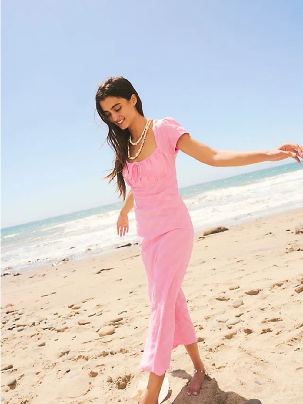 Freee People Natalya Diagonal Textured Midi Cap Sleeve Keyhole Dress Candy Pink
